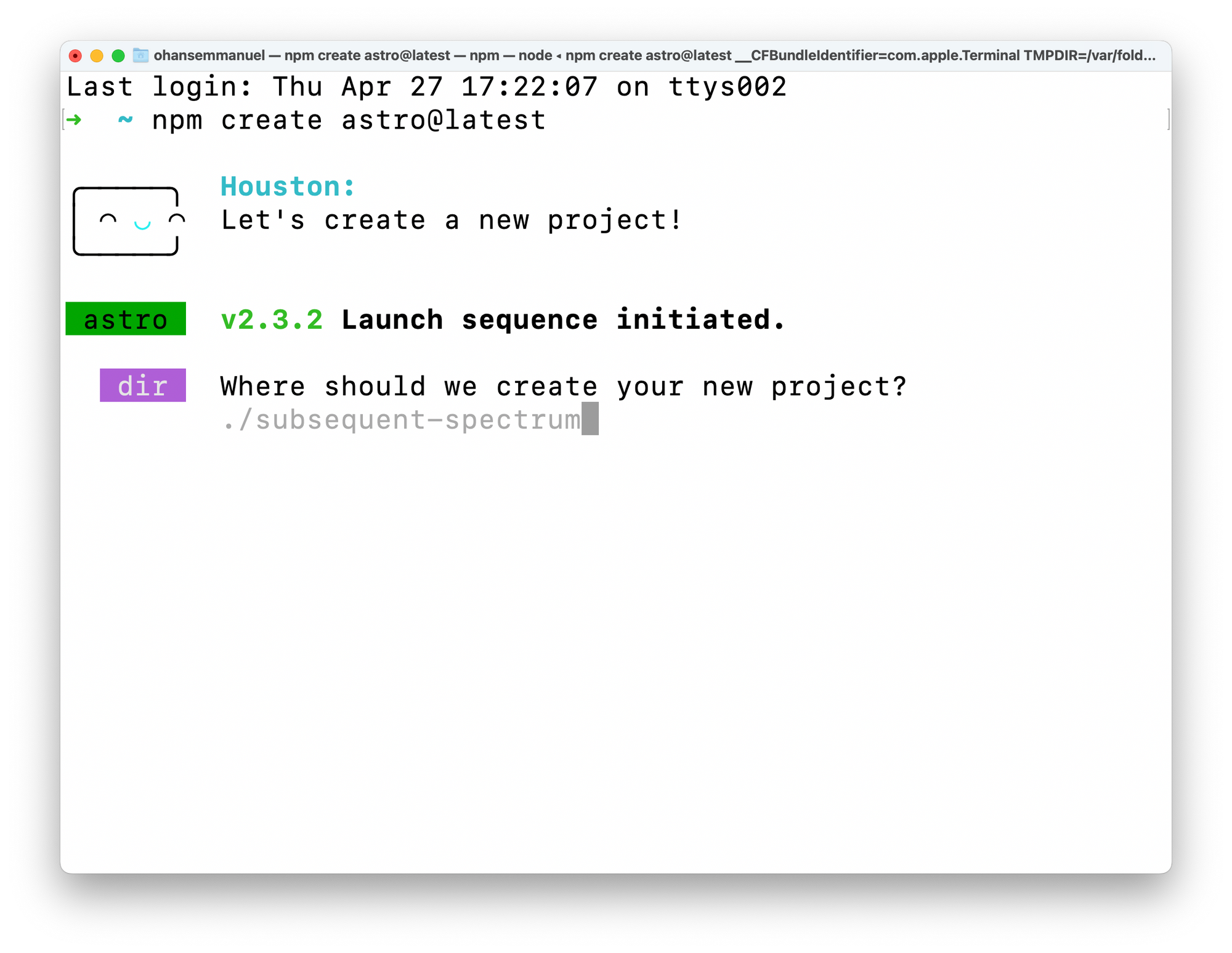 Starting a new project with the Astro CLI wizard.