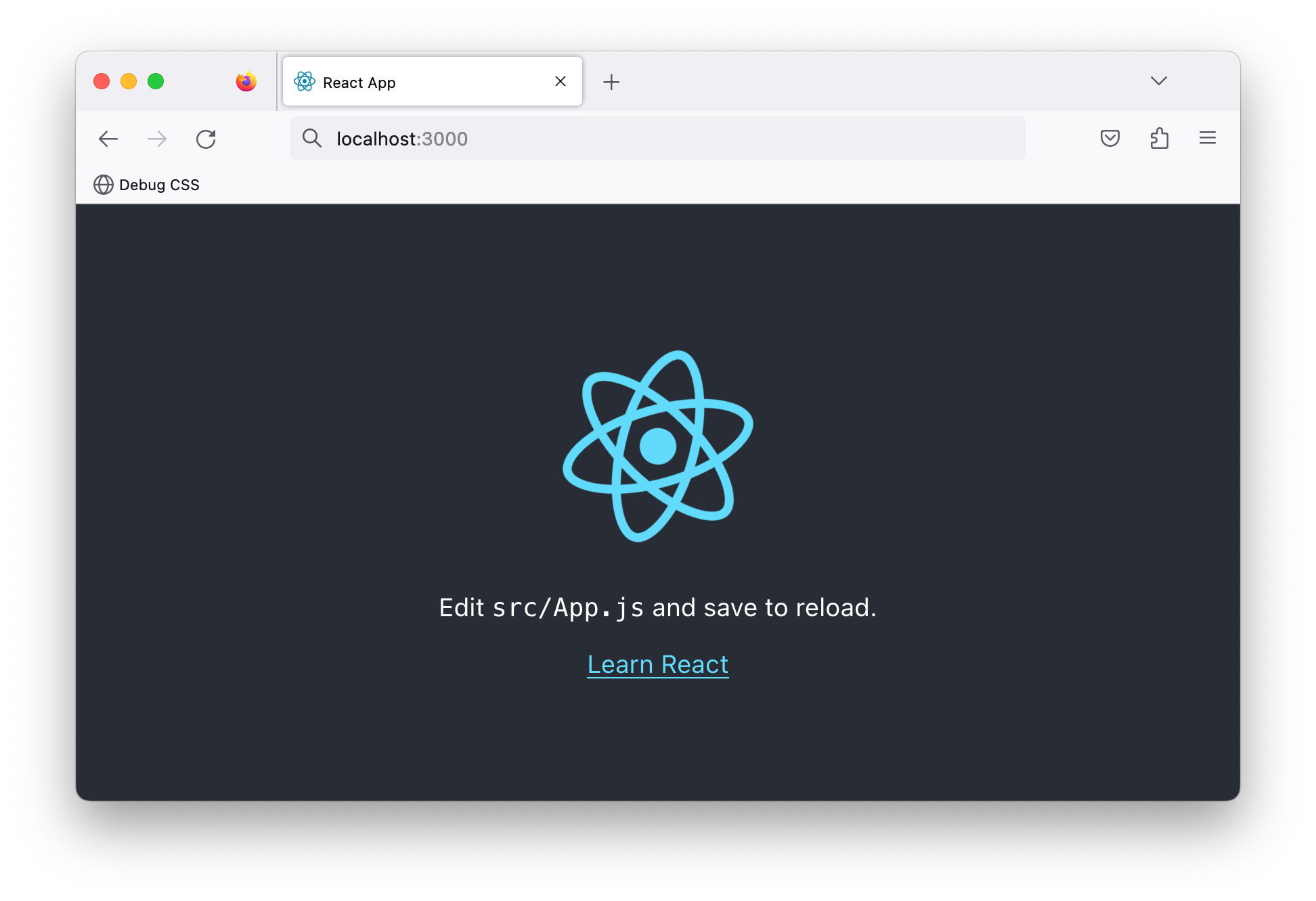 The React test application running in the browser.