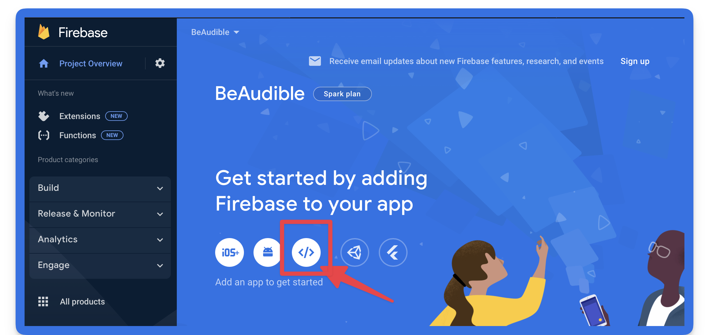 Adding a web application to the Firebase project. 