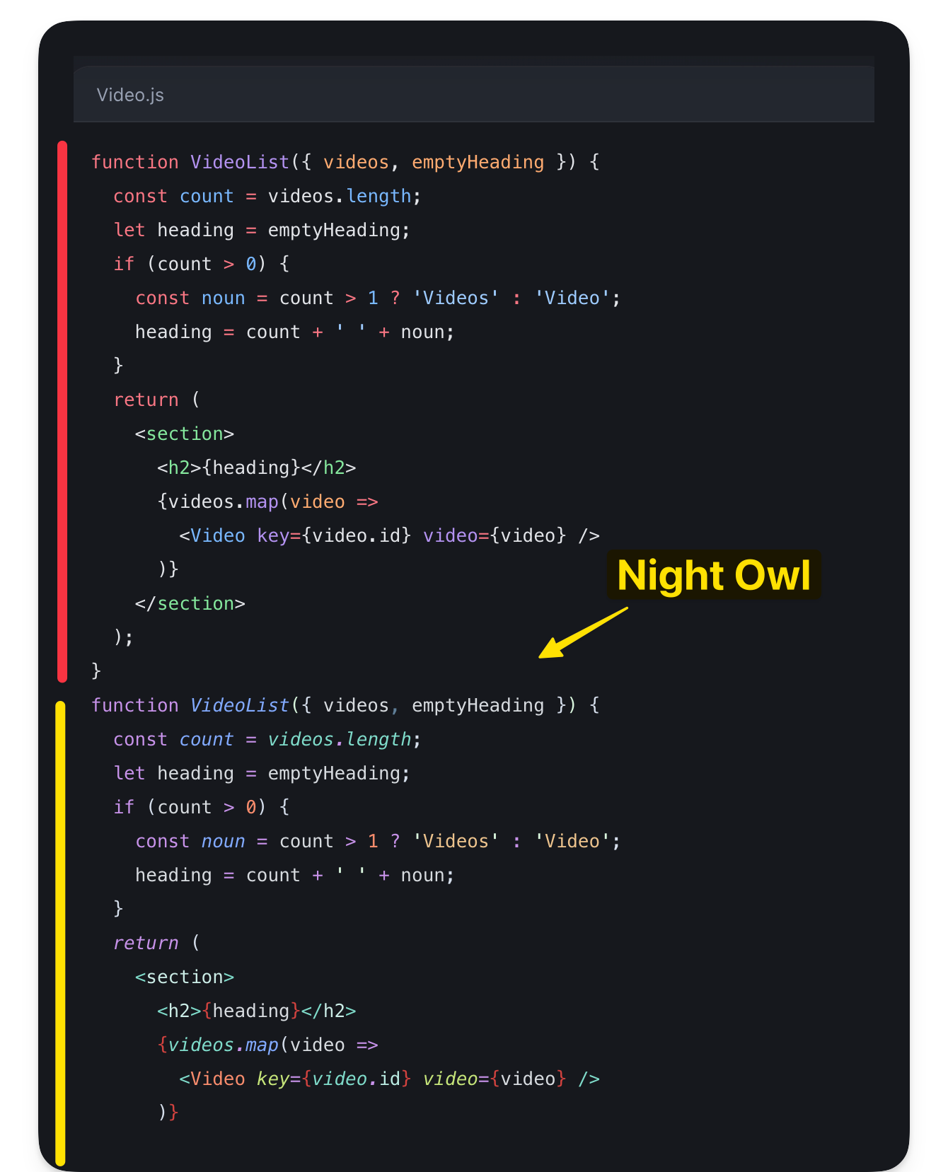 Comparing the previous highlighted code with the new Night Owl theme