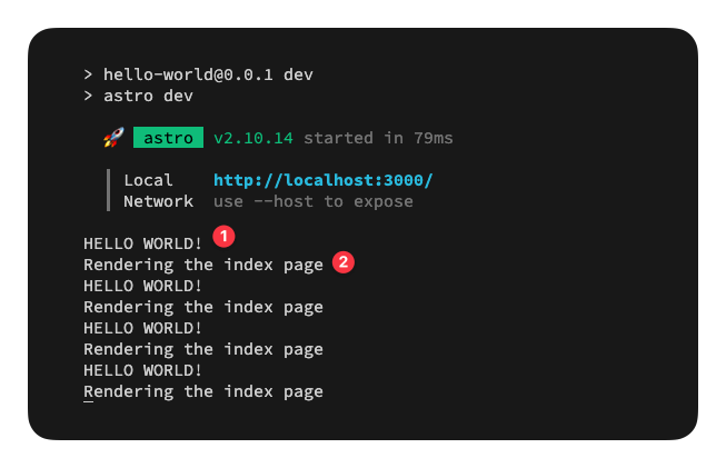 The Hello world middleware logs